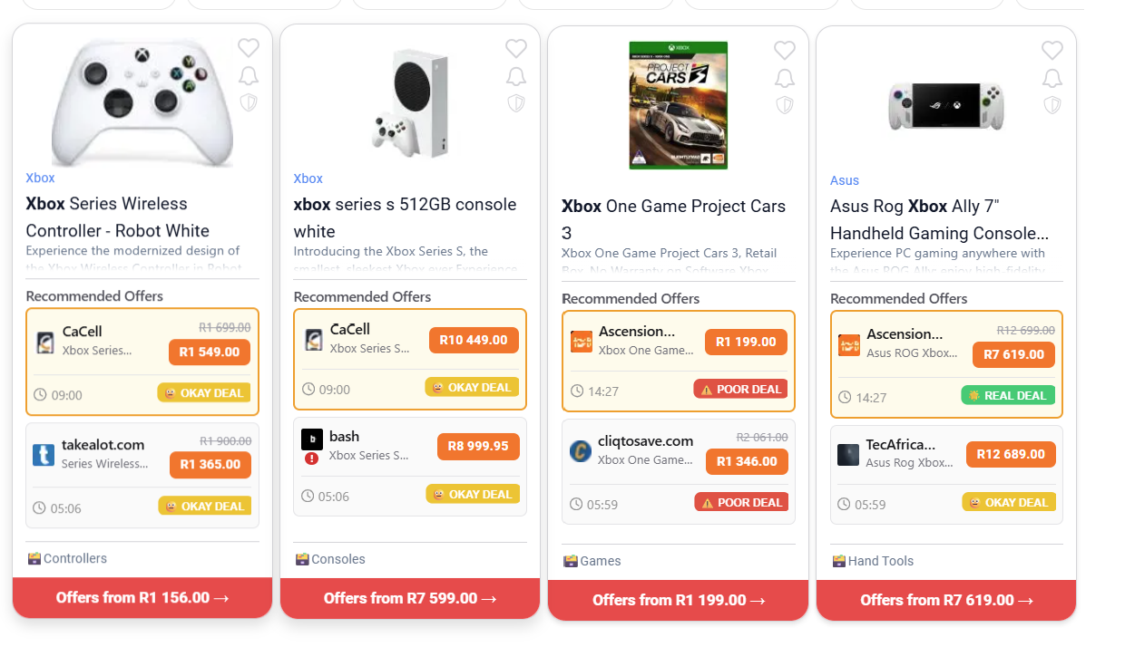 Featured offers shown prominently on PriceCheck product cards